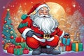 Santa Claus with gifts, cartoon style christmas background