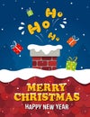 Santa Claus with gifts fell into the chimney of the fireplace. Christmas Eve. Merry Christmas and New Year card Royalty Free Stock Photo