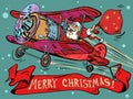 Santa claus with gifts flies on a retro plane. Merry christmas inscription. Holidays and new year theme. Cheerful old