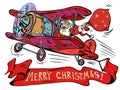 Santa claus with gifts flies on a retro plane on a neutral background. Merry christmas inscription. Holidays and new Royalty Free Stock Photo