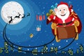 Santa Claus with gifts flying on a reindeer sleigh over the city. Royalty Free Stock Photo