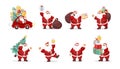 Santa Claus with gifts, sack, with new year tree, set of christmas characters for design. Flat cartoon new year fat