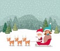 Santa claus and girl helper with sled and reindeer Royalty Free Stock Photo