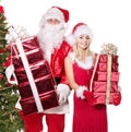 Santa claus and girl holding gift box. Royalty Free Stock Photo