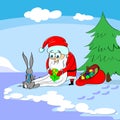 Santa Claus Give Gift Box Bunny Merry Christmas