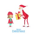 Santa Claus gives a gift to girl. Flat Vector Illustration. Royalty Free Stock Photo