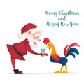 Santa Claus gives presents rooster. Christmas vector illustration. The symbol of the new year 2017. Cartoon characters