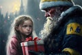 Santa claus giving gift to a sad ukraine war little girl generative ai Royalty Free Stock Photo