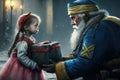 Santa claus giving gift to a sad ukraine war little girl generative ai Royalty Free Stock Photo