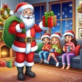 Santa Claus giving gifts to the children of a family.