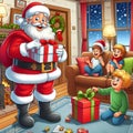 Santa Claus giving gifts to the children of a family.