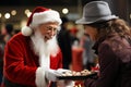 Santa Claus giving out Christmas treats on the street, celebrating together, Christmas scenes