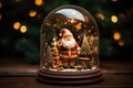 Santa Claus in a glass snow globe with a Christmas tree in the background. Generative AI Royalty Free Stock Photo