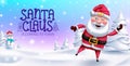 Santa claus greeting vector design. Santa is coming to town text with christmas character standing and holding snow for xmas. Royalty Free Stock Photo