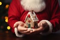 santa claus hand hold a miniature house
