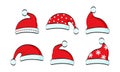 Santa Claus hat, cartoon Christmas cap, New Year red icon set, xmas outfit, winter party pompom. Holiday vector illustration Royalty Free Stock Photo