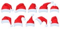 Santa Claus hat. Cartoon red Santa hats, xmas masquerade costume elements vector illustration set. Christmas holiday Royalty Free Stock Photo