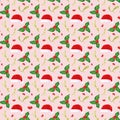 Santa claus hat. Christmas watercolor pattern with Santa`s hat, mistletoe and holly with red and white berries of plants