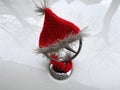 Santa Claus hat is put on a Mercedes car symbol, Christmas and New Year mood concept