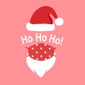 Santa Claus hat, red medical face mask and mustache on pink background in flat design. Merry Christmas 2020 festival celebration i