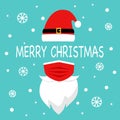 Santa Claus hat, red medical face mask and mustache with snowflakes on background in flat design. Merry Christmas 2020 festival ce