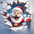 Santa Claus with hat and scarf coming out of hole crack in Christmas Winter scene background Royalty Free Stock Photo