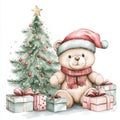 Santa Claus hat teddy bear with a gift and a Christmas tree stocking Royalty Free Stock Photo
