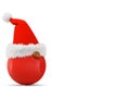 Santa Claus hat is worn on a New Year's, round toy on an white background with snowflakes. 3D rendering