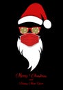 Santa Claus head label wears surgical mask, red hat and white beard with glitter sunglasses. Merry Christmas Santa Claus logo icon