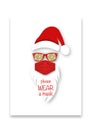 Santa Claus head label wears surgical mask, red hat and white beard with glitter sunglasses. Paper cut style. Merry Christmas sign