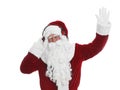 Santa Claus with headphones listening to Christmas music on background Royalty Free Stock Photo