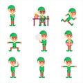 Santa claus helper elf characters set in different poses and actions icons set flat design vector illustration Royalty Free Stock Photo