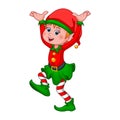 Santa Claus helper elf. Cute cartoon character Christmas elf isolated on white background. Smiling little gnome in costume and cap Royalty Free Stock Photo