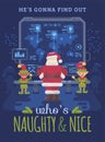 Santa Claus and his elves at Santa`s control room looking at a big screen with interactive map of naughty and nice children aroun