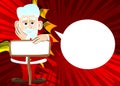 Santa Claus in his red clothes with white beard with blank paper on wood board, sign. Royalty Free Stock Photo