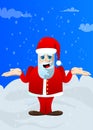 Santa Claus in his red clothes with white beard shrugs shoulders expressing don`t know gesture.