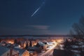 Santa claus on his sleigh flying over a city, represented as a shooting star passing over a small American town at christmas night