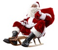 Santa Claus on his sleigh with a sack with presents. White background. Royalty Free Stock Photo