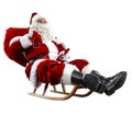 Santa Claus on his sleigh with a sack with presents. White background. Royalty Free Stock Photo