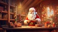 Santa Claus in his whimsical workshop, crafting toys and checking his list. the cozy, clutter-free environment where the