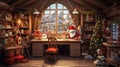 Santa Claus in his whimsical workshop, crafting toys and checking his list. the cozy, clutter-free environment where the