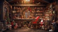 Santa Claus in his whimsical workshop, crafting toys and checking his list. the cozy, clutter-free environment where the