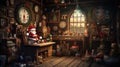 Santa Claus in his whimsical workshop, crafting toys and checking his list. the cozy, clutter-free environment where the