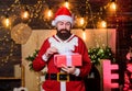 Santa claus hold gift box. Man bearded santa celebrate christmas with presents. Celebrate with joy. Celebrate winter Royalty Free Stock Photo