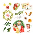 Santa Claus holding an empty wish list in his hands and drink coffee. Watercolor illustration set Royalty Free Stock Photo