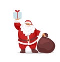 Santa Claus holding a gift and a big bag of presents icon. Vector christmas character isolated on white background. Flat Royalty Free Stock Photo