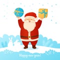 Santa Claus holding gift box cartoon Christmas greeting card xmas surprise Royalty Free Stock Photo