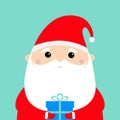 Santa Claus holding gift box. Funny face head. Candy cane. Merry Christmas. New Year. Red hat. Moustaches, beard. Cute cartoon Royalty Free Stock Photo