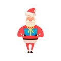 Santa Claus holding a gift box or giving present. Christmas tradition. Cute Father Frost. Vector illustration on white