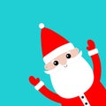 Santa Claus holding hands up. Peeking from corner. Merry Christmas. Red hat, costume, round beard. Cute cartoon kawaii funny Royalty Free Stock Photo